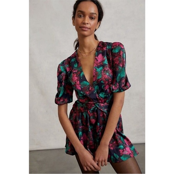 MISA Los Angeles Narcissa Floral Satin Mini Dress V-Neck Black Pink Party - Picture 1 of 16